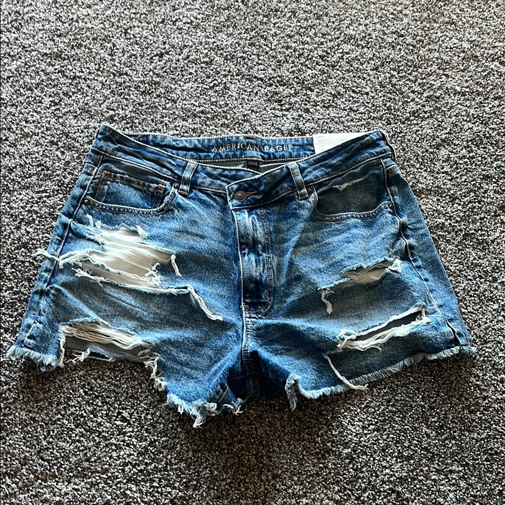 American Eagle Outfitters Blue Jean Shorts with Distressing and Frayed Hem